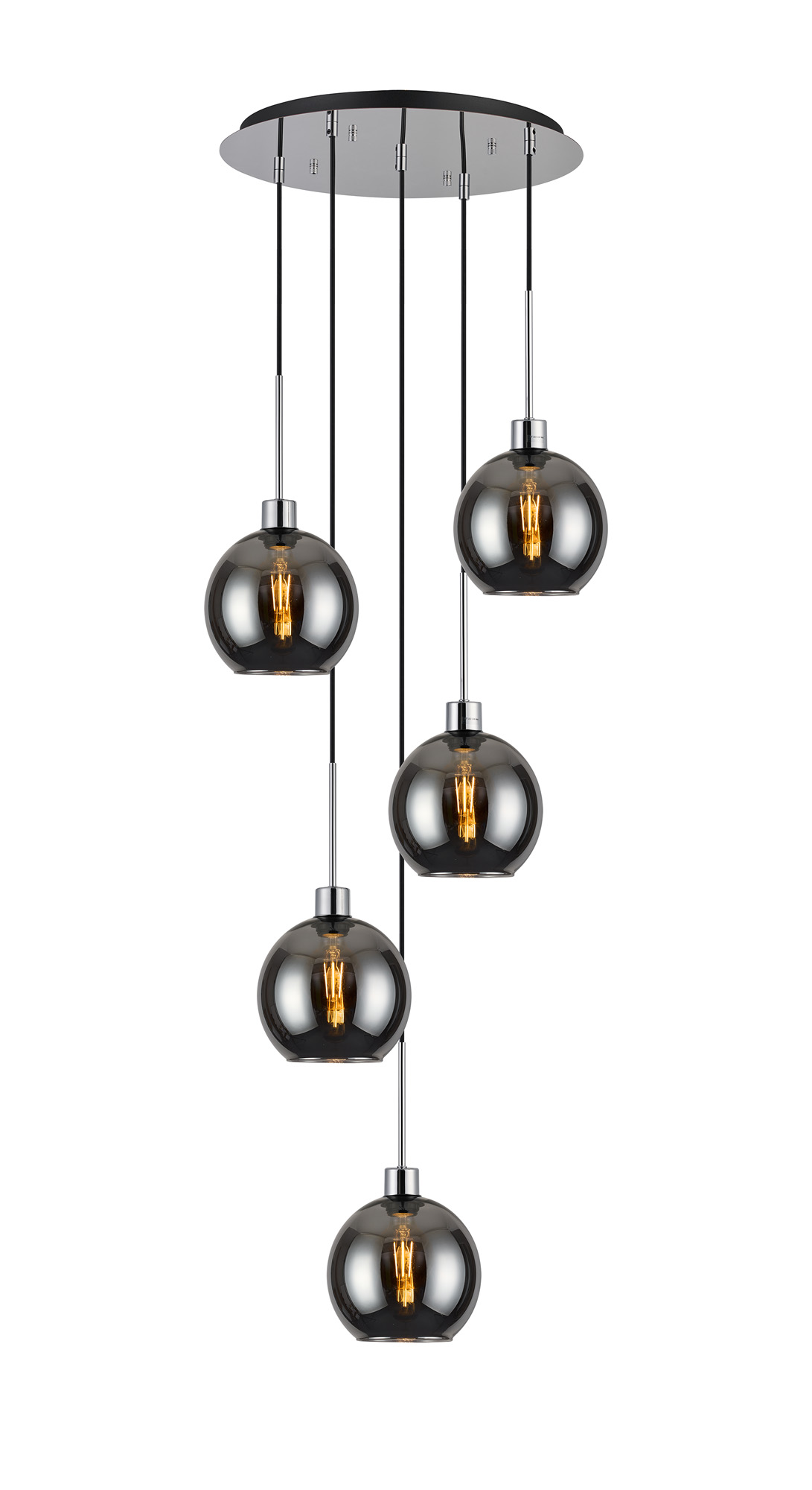 DK1285  Lori 45cm Round Pendant, 5 Light Adjustable E27, Polished Chrome/Chrome Open Mouth Round Globe Shades